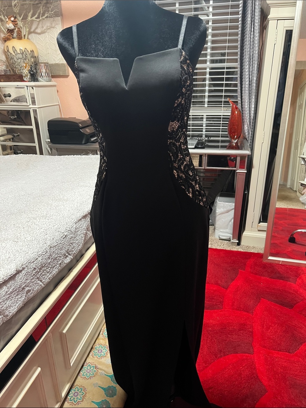 BCX Black Lace-Panel Notch Neck Prom Dress